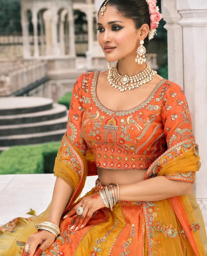 Orange - Pumpkin Orange & Yellow Fancy Silk Lehenga Choli With Cut Work Embroidery Border & Stone Work
